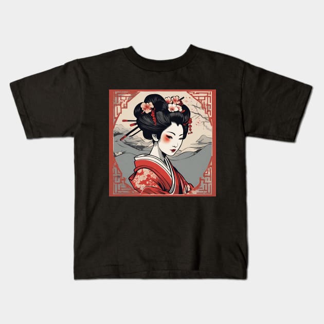 japanese style art geisha kimono portrait Kids T-Shirt by cloudviewv2